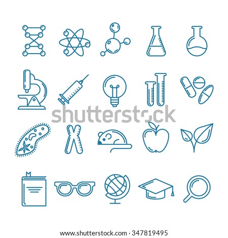 Vector outline icons set and design elements. Research, technologies and innovation symbols. Line logo collection. Concept for science, education, medical, chemical industry themes.