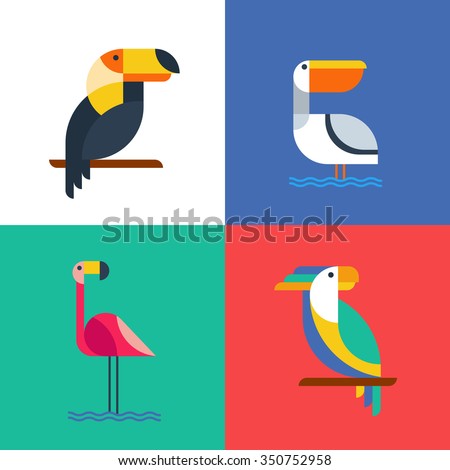 Exotic tropical birds flat style logo icons. Set of vector colorful birds illustration of toucan, cockatoo parrot, flamingo and pelican. Isolated design elements and backgrounds.