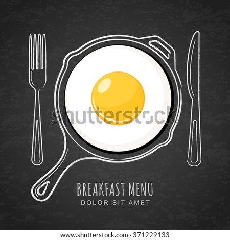 Fried egg and hand drawn outline watercolor pan, fork and knife on textured black board background. Vector design for breakfast menu, cafe, restaurant. Fast food background.