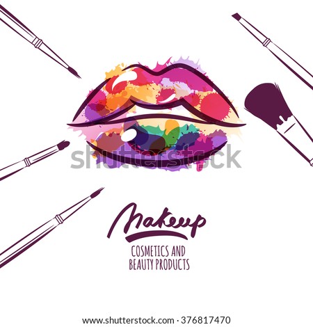 Vector watercolor hand drawn illustration of colorful womens lips and makeup brushes. Watercolor background. Concept for beauty salon, cosmetics label, cosmetology procedures, visage and makeup.