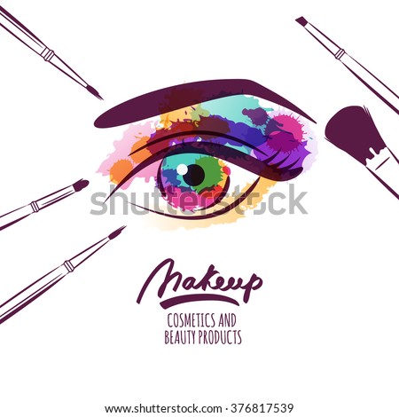 Vector watercolor hand drawn illustration of colorful womens eye and makeup brushes. Watercolor background. Concept for beauty salon, cosmetics label, cosmetology procedures, visage and makeup.