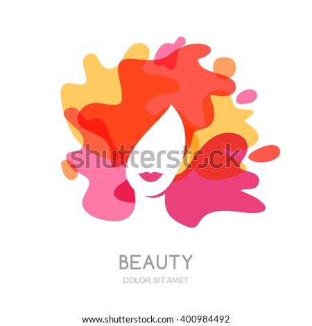 Vector logo, emblem design. Female face on abstract splash background. Beautiful woman with colorful hair. Concept for beauty salon, makeup, hairstyle, haircut, cosmetology.