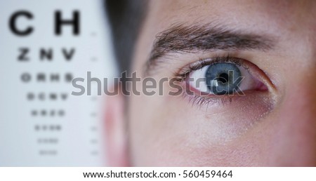 boy with blue eyes on background ophthalmologist and letters metrics miopismo and eye exam. concept of keen eyesight and eye examination. perfect vision