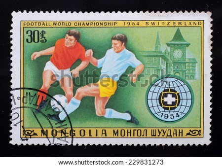 Mongolia - circa 1978: A post stamp printed in the Mongolian shows image of Football World Championship 1954 Switzerland, series Football, circa 1978.