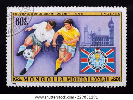 Mongolia - circa 1978: A post stamp printed in the Mongolian shows image of Football World Championship 1966 England, series Football, circa 1978.
