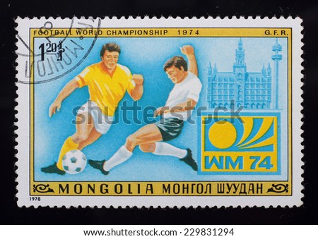 Mongolia - circa 1978: A post stamp printed in the Mongolian shows image of Football World Championship 1974 G.F.R., series Football, circa 1978.