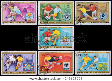 Mongolia - circa 1978: A post stamp printed in the Mongolian shows image of Football World Championship, series Football, circa 1978.