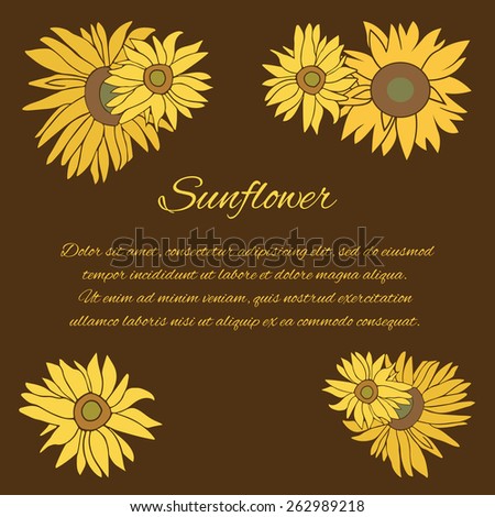 Sunflower greeting card. Yellow and green flower on the dark background