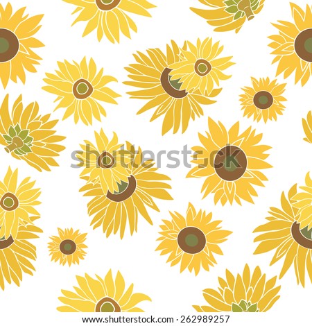 Yellow and green sunflower isolated on the white background. Seamless flower pattern