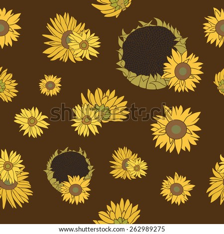 Yellow and green sunflower on the dark background. Seamless flower pattern