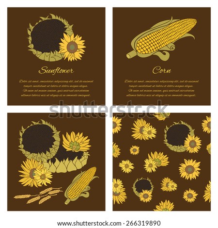 Sunflower greeting card set. Yellow vector flowers on the dark background collection