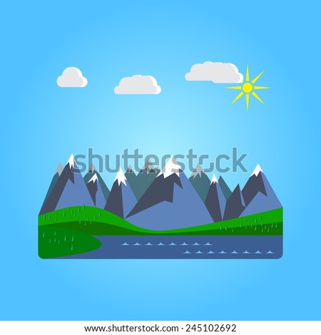 Vector landscape with mountains, lake and forest