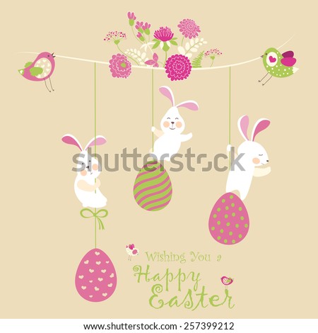 Easter bunnies and easter eggs Vector illustration Easter bunnies and easter eggs Vector illustration