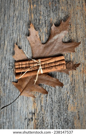 Leaf with Cinnamon Sticks on Wooden Background