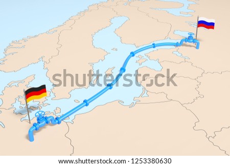 Nord stream 2 (industry concept). Blue main gasline from Russia to Germany over the Baltic Sea. Natural gas pipe line with gas valves on the Europe map with flags of supplier and importer.3d rendering