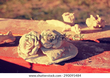 two roses on a flat circle of wet clay on the surface of the red dereyannoy night Filter