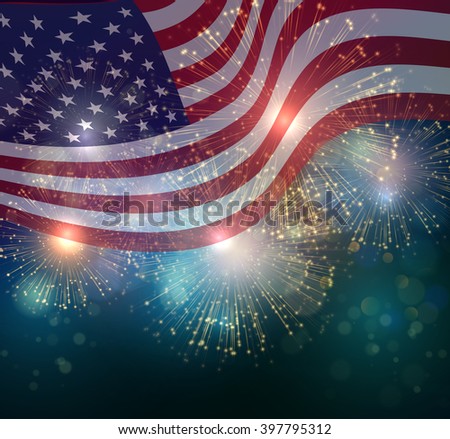United States flag. Fireworks background for USA Independence Day. Fourth of July celebrate. Independence Day fireworks and flag. USA flag and fireworks. 4th of July background with flag and fireworks