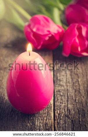 Easter candle egg and pink tulips on wooden table, toned