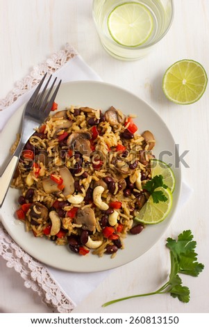 Rice with  red bean, mushrooms and vegetables, top view