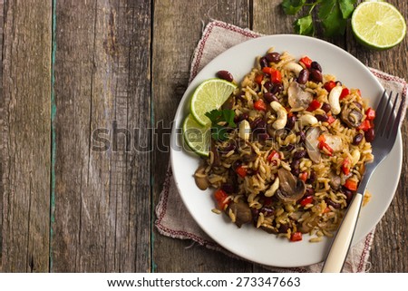 Rice with  red bean, mushrooms and vegetables, top view, copy space