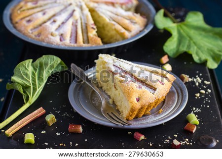 Piece of Rhubarb cake on dark rustic background