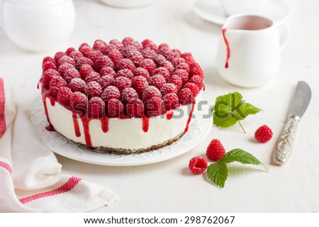 raspberry cream mousse cake (no baked cheesecake) on white background