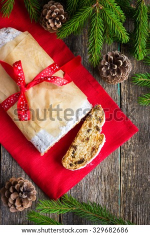 Traditional Christmas Stollen cake. top view,