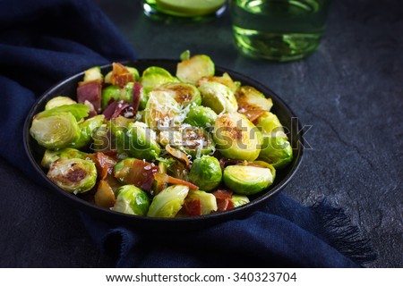 roasted brussels sprouts with bacon, selective focus