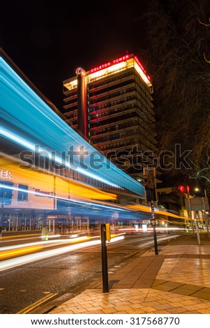 BRISTOL - 23 MARCH 2015: Colston Tower by night with car lights, England