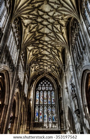 ENGLAND, BRISTOL - 20 APRIL 2015: St Mary Redcliffe Bristol, English Gothic architecture church, stained glass and ceiling HDR