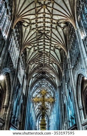 ENGLAND, BRISTOL - 20 APRIL 2015: St Mary Redcliffe Bristol, English Gothic architecture church, Cross and ceiling HDR