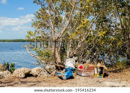 Miami, FLORIDA- May 06, 2014: Trash left behind in Biscayne National Park. Biscayne National Park is for Ninety-five percent of the park is water