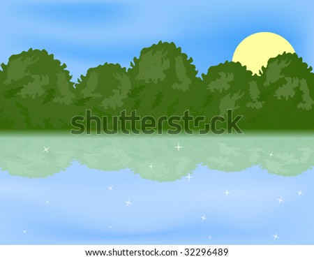 Beautiful landscape of a forest lake over sun.