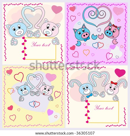 Collection of falling in love animals over cute background with hearts. Rasterized versions.