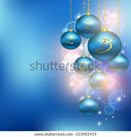Christmas blue balls. Vector illustration of holiday, Christmas tree decorations, menu, card, postcard, banner. Hanging a bunch of Christmas tree decorations.
