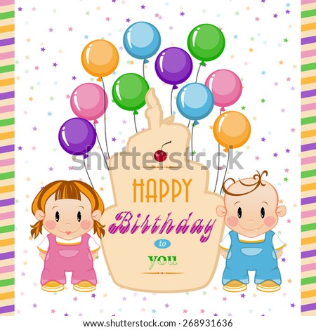 Birthday. Holiday in children. Boy and girl at a birthday party with cake. Greeting baby card with a cake.