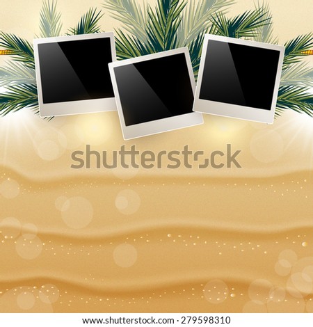 Bright background with Golden sand and hung pictures in the leaves of a palm tree.