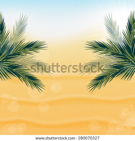 Tropical nature, warm Golden sand and the bright sun under the leaves of palm trees.