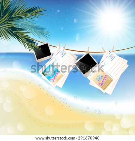 Tropical Sunny summer day with hanging photos and letters on the rope.