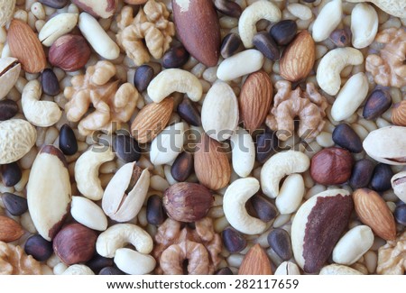 Assorted nuts (hazelnuts, walnuts, peanuts, pine nuts, pistachios, almonds, cashews)