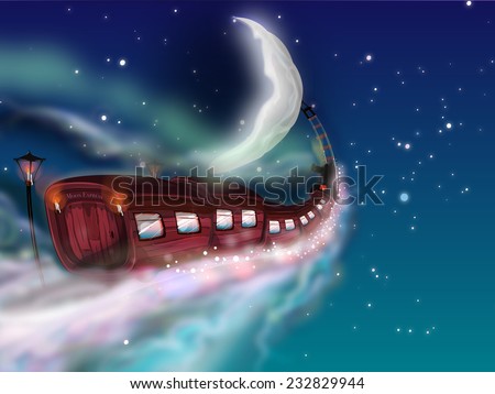 Train trip to the Moon. Voyage to the moon with this old steam engine science fiction scene. Steam and clouds whirl around  as the locomotive heads towards the moon in the distance.