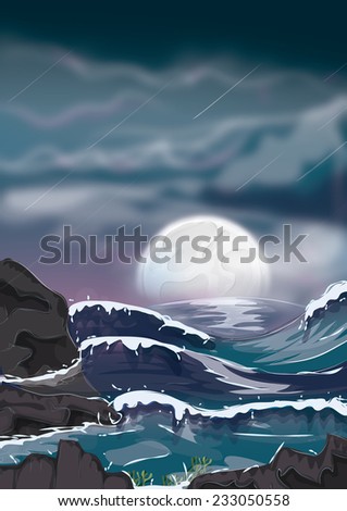 Stormy Ocean night, A stormy and swirling ocean bay at night, the ocean smashes against the dark rocks of the beach while a large moon illuminates the water and nights sky.