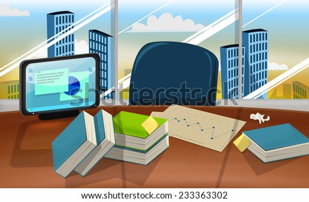 Wooden modern Office Desk. A Office desk in a skyscraper, featured are books a computer , yellow sticky notes and a chart, the sunshine shines through the glass windows.