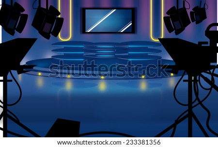 Television Studio. A TV studio with desk,lighting and cameras waiting for broadcast, lighting illuminates and reflects on the shiny studio floor.