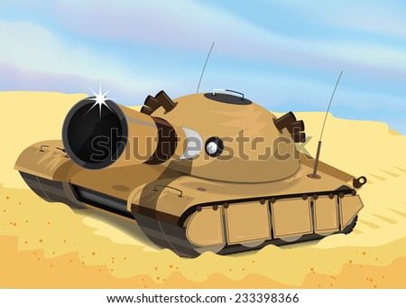 Desert Tank. A sand coloured desert tank rolling across the sands, the turret is facing forward and glints in the sun, radio aerials stick from the side of this military machine.