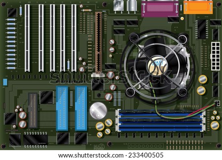 Computer motherboard. A Computer Main motherboard with resistors,transistors,CPU, fan and electronic etching all mounted on a green printed circuit board.