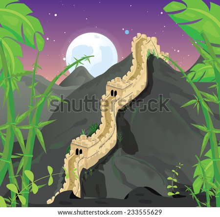 The Great Wall of China.  A illustration of the Great Wall in China, surrounded by native fauna against a backdrop of the moon and a pink evening sky.