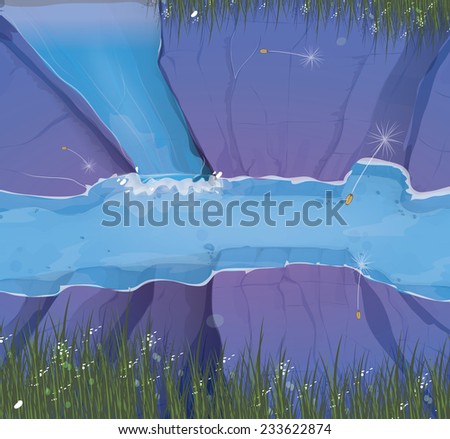 Canyon ravine, A cartoon canyon ravine with grass hanging over the edges, at the bottom is a vivid blue river or stream, a waterfall falls to the bottom also.