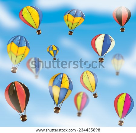 Many Hot Air Balloons, Various sized and coloured hot air balloons high in the blue sky.