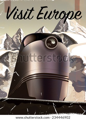 Vintage Visit Europe locomotive poster. A Classic european travel or vacation poster featuring a train in front of the Alps.